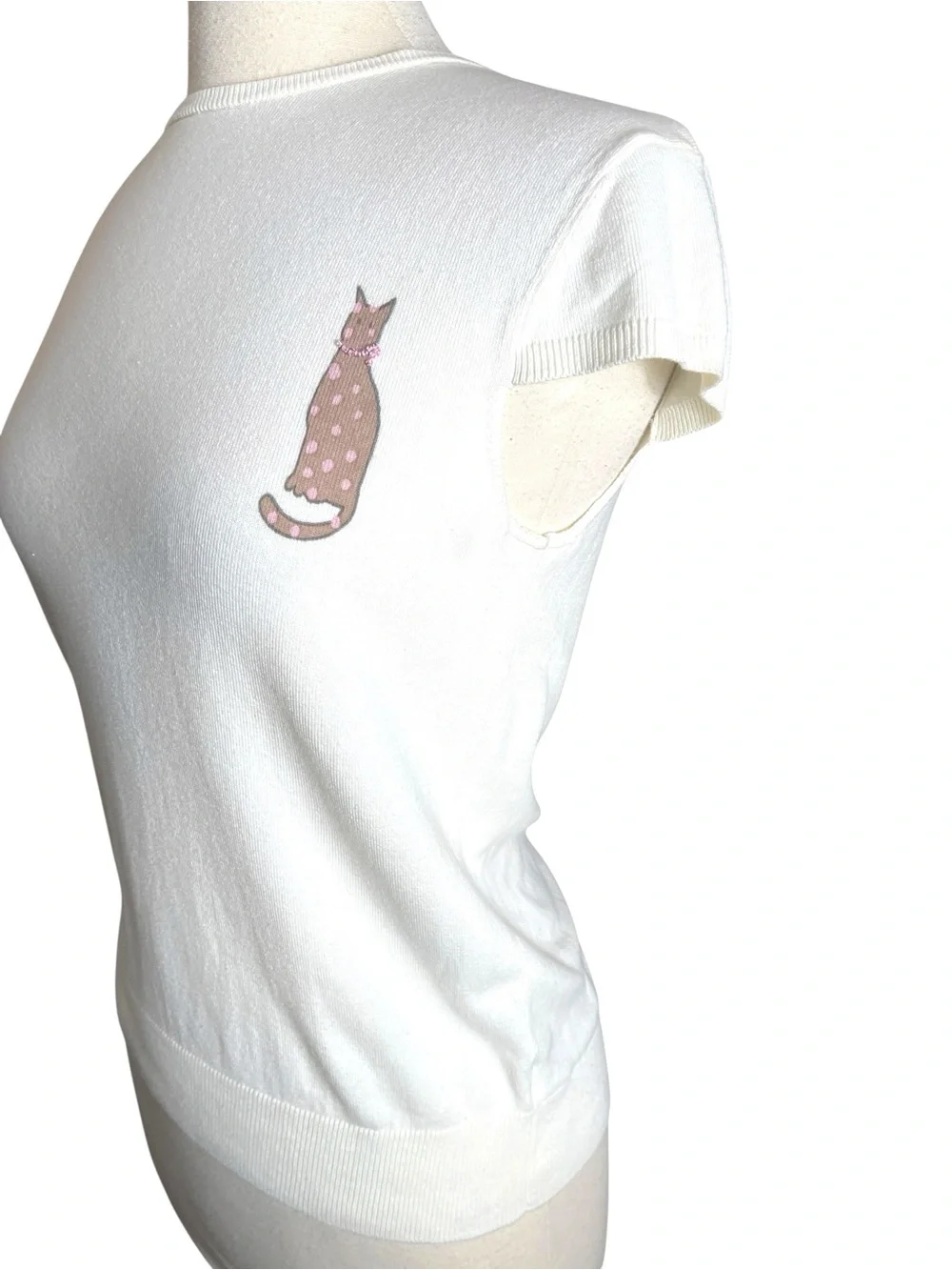 New TOPSHOP Cat Design Cap Sleeve Knit Top SZ M Cream